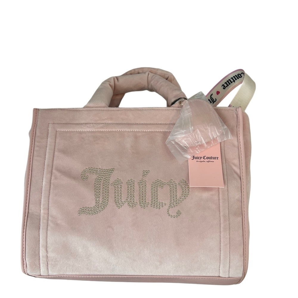 NWT Juicy Couture Large Pink Velour Tote Bag with Heart Charm - Picture 2 of 3